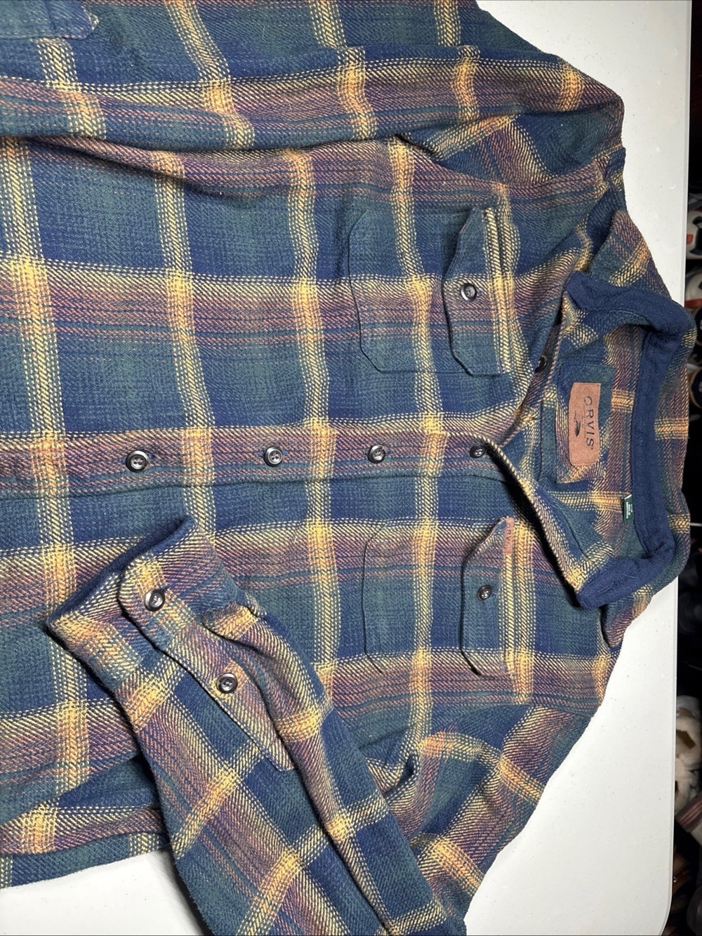 Orvis Classic Collection Mens Large Blue Plaid Flannel Shirt Jacket Side Pockets